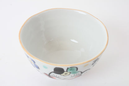 Mino ware Japanese Ceramics Hand-Drawn Rice Bowl Thanks w/ Cat & Flowers made in Japan