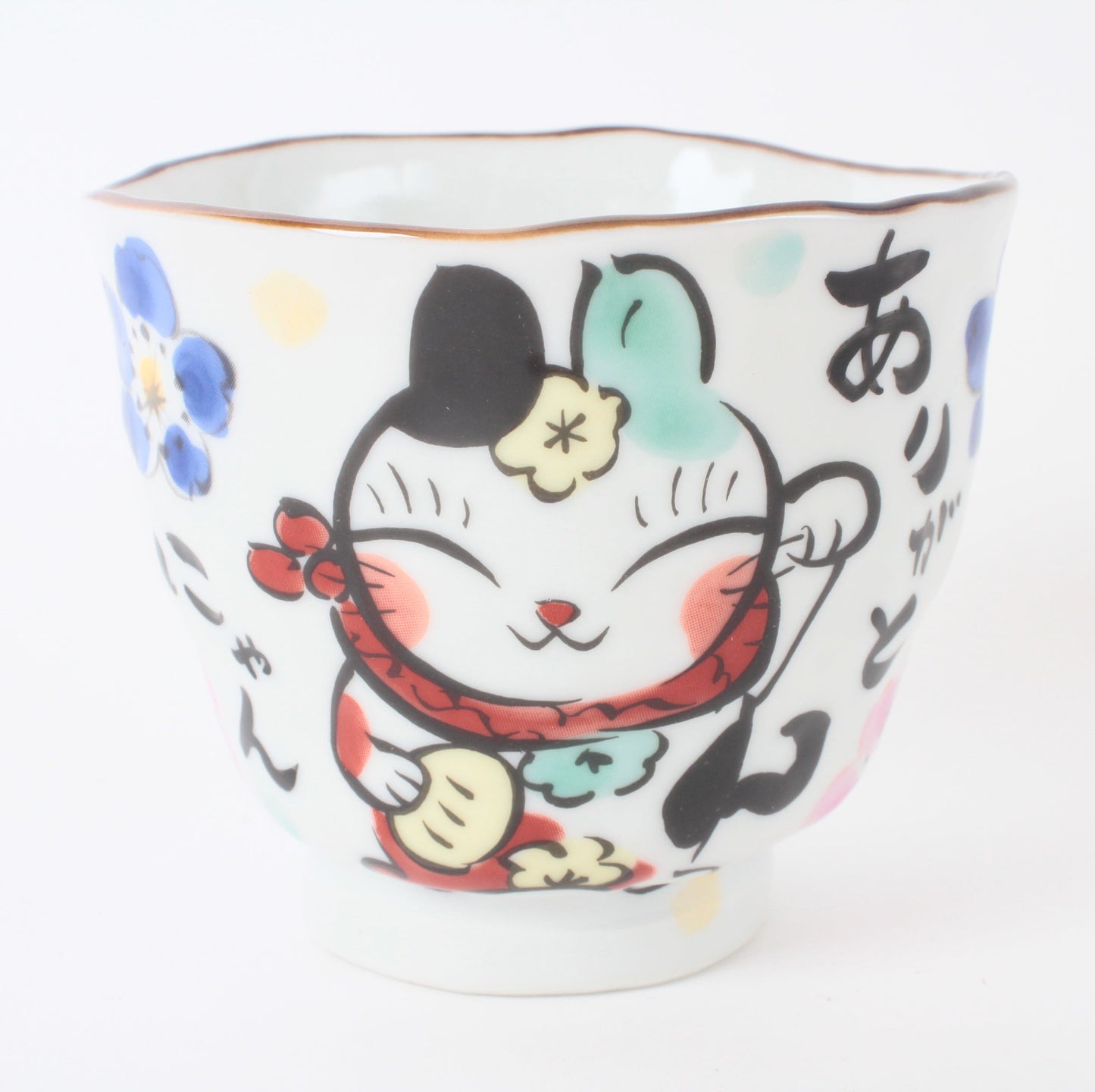Mino ware Japanese Ceramic Hand-Drawn Yunomi Chawan Tea Cup Thanks Cat & Flowers Made in Japan