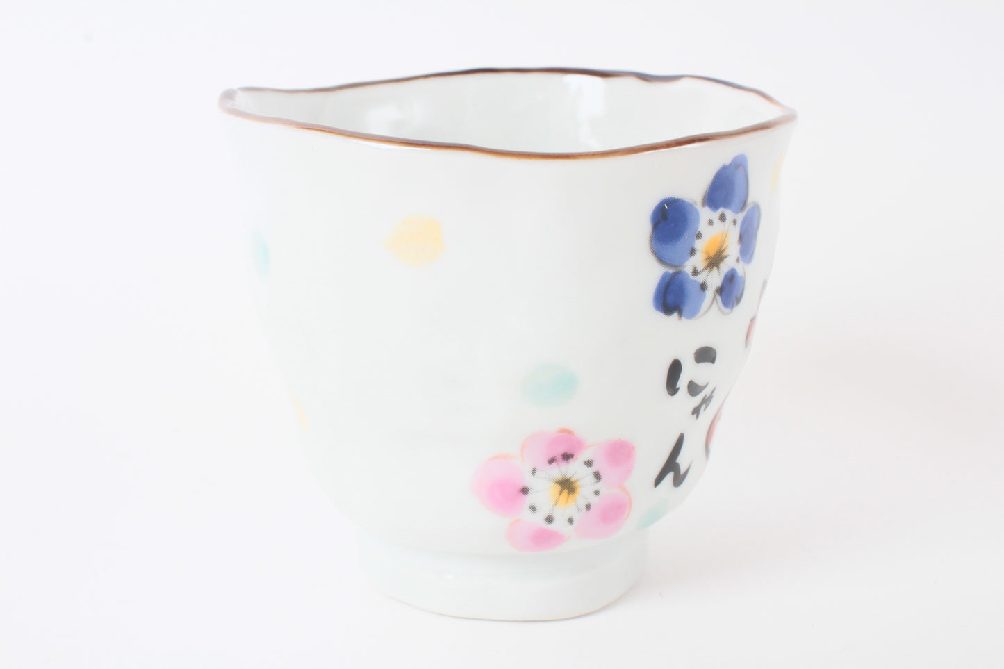 Mino ware Japanese Ceramic Hand-Drawn Yunomi Chawan Tea Cup Thanks Cat & Flowers Made in Japan