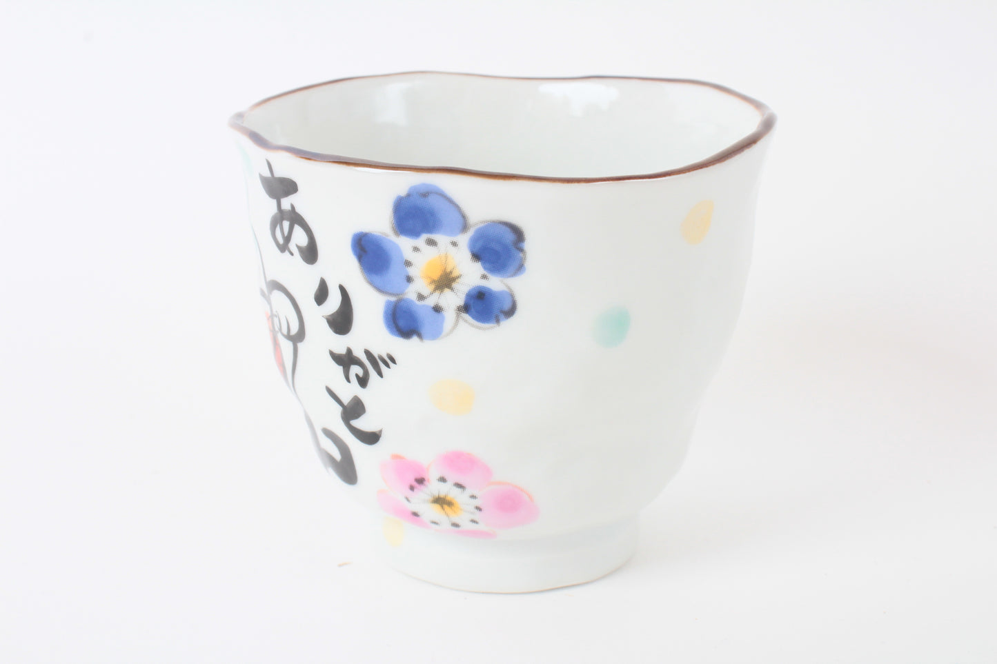 Mino ware Japanese Ceramic Hand-Drawn Yunomi Chawan Tea Cup Thanks Cat & Flowers Made in Japan