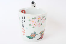 Mino Ware Japanese Ceramic Mug Cup Cat on the handle Mt.Fuji and Crane Red Made in Japan