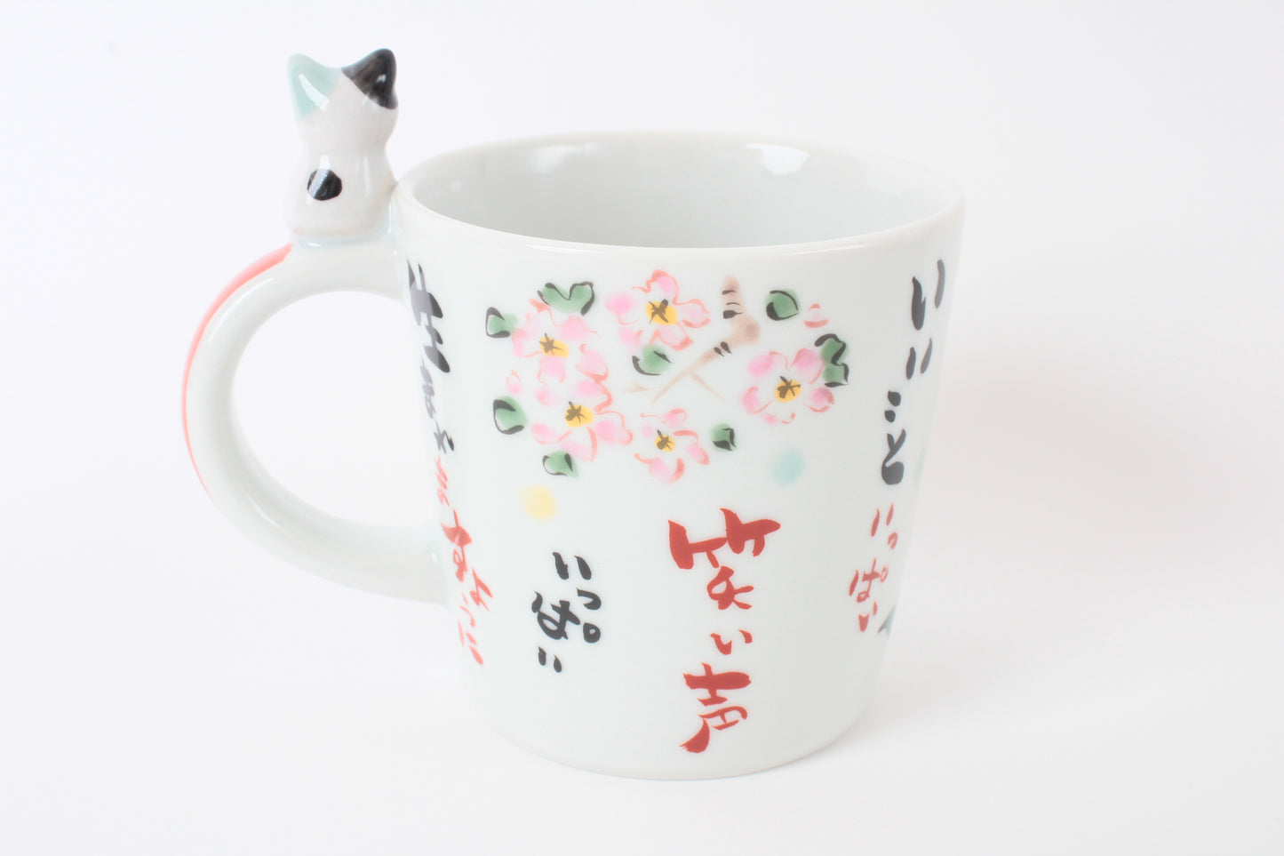 Mino Ware Japanese Ceramic Mug Cup Cat on the handle Mt.Fuji and Crane Red Made in Japan
