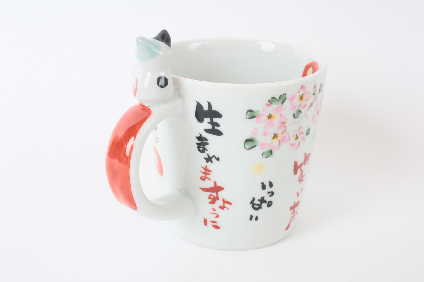 Mino Ware Japanese Ceramic Mug Cup Cat on the handle Mt.Fuji and Crane Red Made in Japan