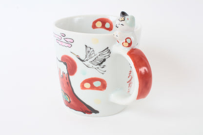 Mino Ware Japanese Ceramic Mug Cup Cat on the handle Mt.Fuji and Crane Red Made in Japan