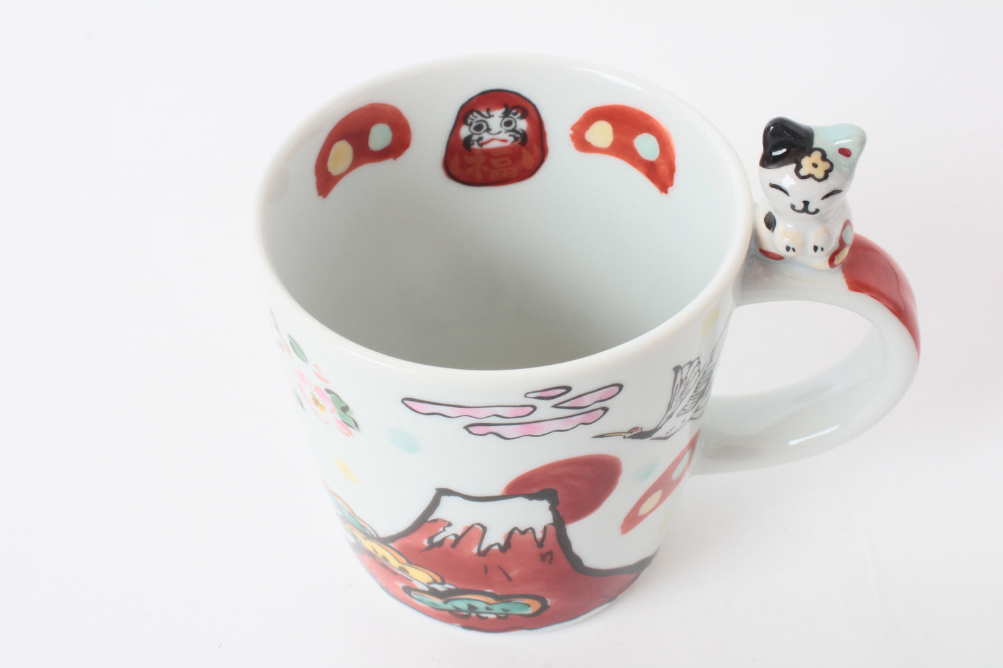Mino Ware Japanese Ceramic Mug Cup Cat on the handle Mt.Fuji and Crane Red Made in Japan