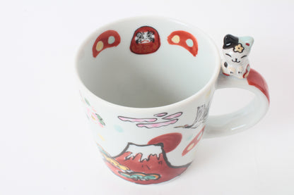 Mino Ware Japanese Ceramic Mug Cup Cat on the handle Mt.Fuji and Crane Red Made in Japan