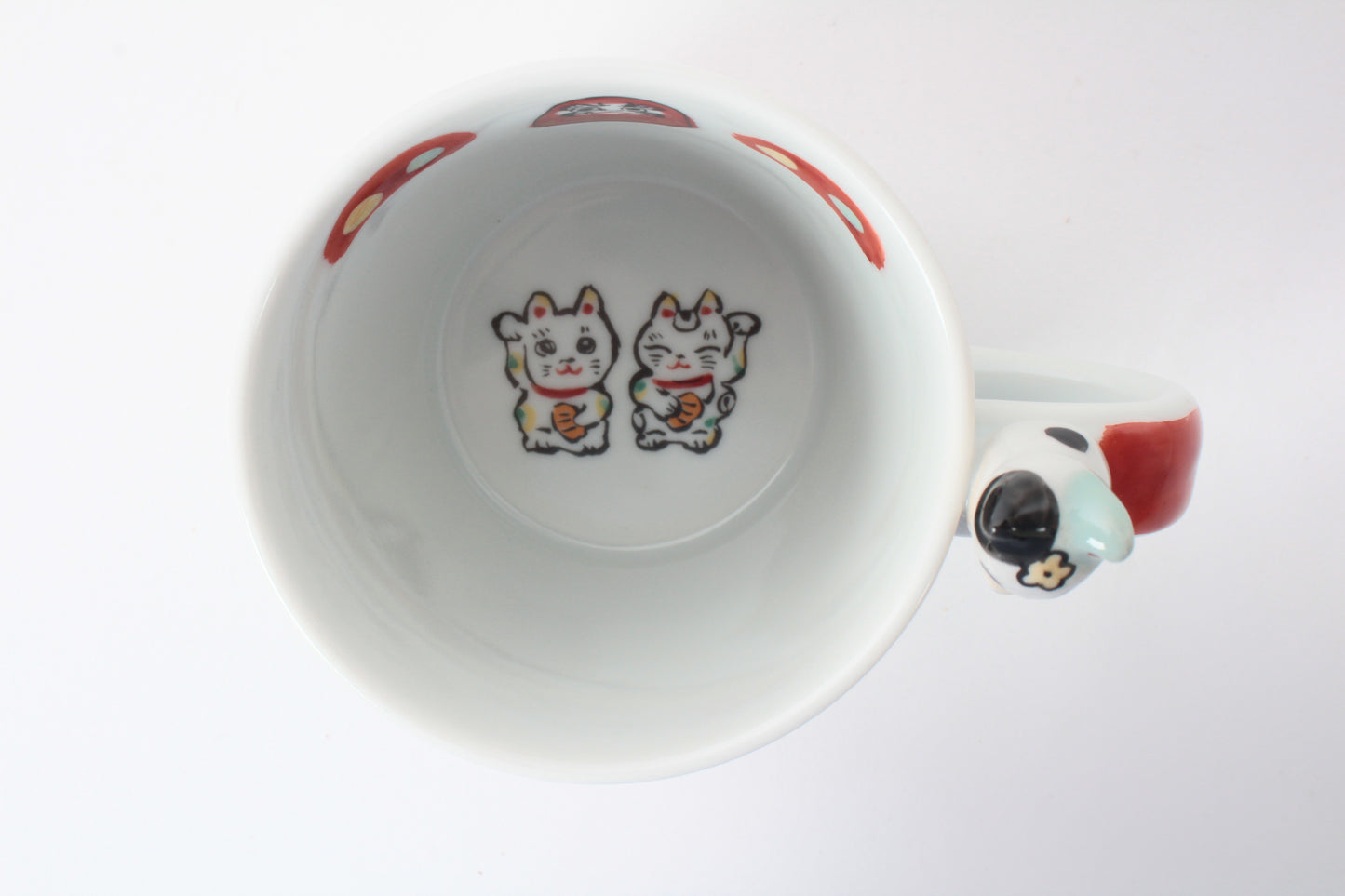 Mino Ware Japanese Ceramic Mug Cup Cat on the handle Mt.Fuji and Crane Red Made in Japan