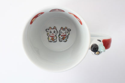 Mino Ware Japanese Ceramic Mug Cup Cat on the handle Mt.Fuji and Crane Red Made in Japan