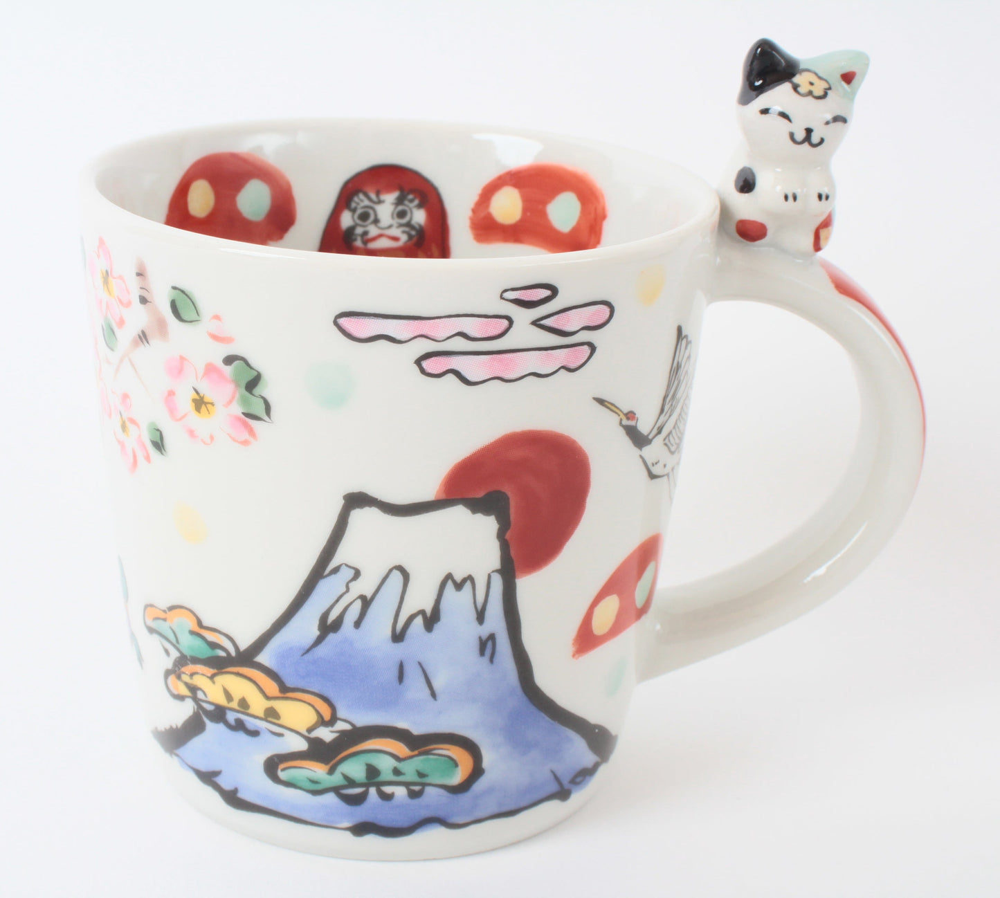 Mino Ware Japanese Ceramic Mug Cup Cat on the handle Mt.Fuji and Crane Blue Made in Japan