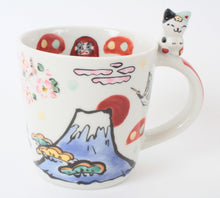 Mino Ware Japanese Ceramic Mug Cup Cat on the handle Mt.Fuji and Crane Blue Made in Japan
