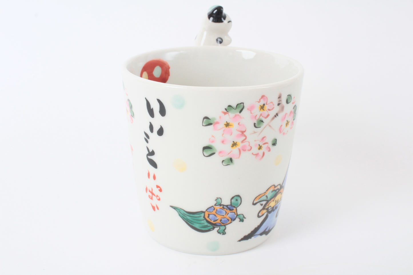 Mino Ware Japanese Ceramic Mug Cup Cat on the handle Mt.Fuji and Crane Blue Made in Japan