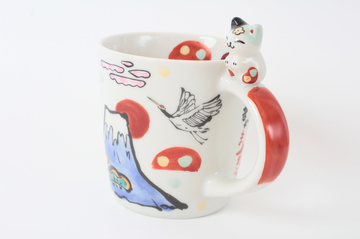 Mino Ware Japanese Ceramic Mug Cup Cat on the handle Mt.Fuji and Crane Blue Made in Japan