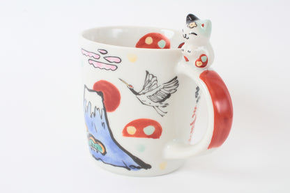 Mino Ware Japanese Ceramic Mug Cup Cat on the handle Mt.Fuji and Crane Blue Made in Japan