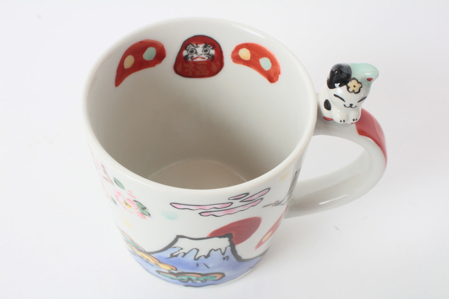Mino Ware Japanese Ceramic Mug Cup Cat on the handle Mt.Fuji and Crane Blue Made in Japan