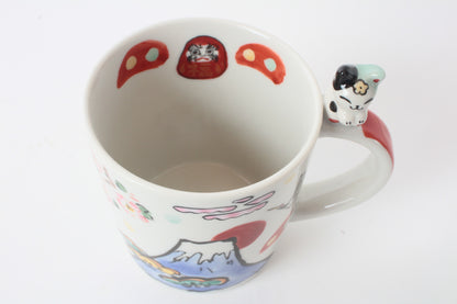 Mino Ware Japanese Ceramic Mug Cup Cat on the handle Mt.Fuji and Crane Blue Made in Japan