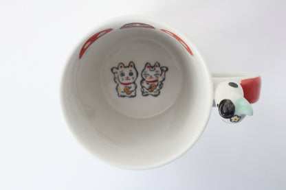Mino Ware Japanese Ceramic Mug Cup Cat on the handle Mt.Fuji and Crane Blue Made in Japan