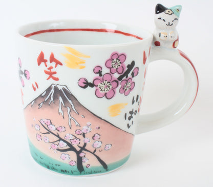 Mino Ware Japanese Ceramic Mug Cup Cat on the handle Mt.Fuji and Plum Flowers Katsushika Hokusai Made in Japan
