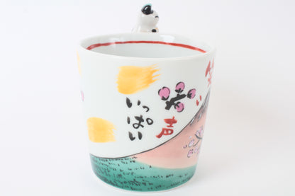 Mino Ware Japanese Ceramic Mug Cup Cat on the handle Mt.Fuji and Plum Flowers Katsushika Hokusai Made in Japan