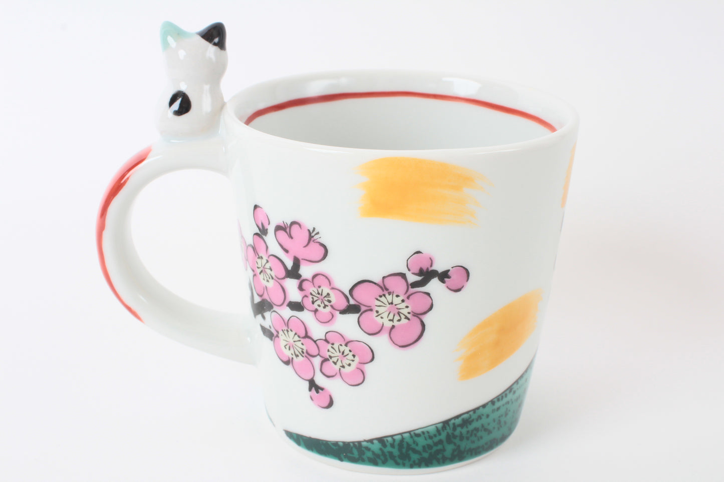 Mino Ware Japanese Ceramic Mug Cup Cat on the handle Mt.Fuji and Plum Flowers Katsushika Hokusai Made in Japan