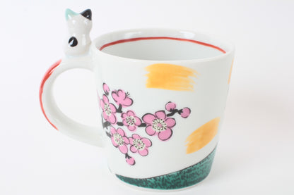Mino Ware Japanese Ceramic Mug Cup Cat on the handle Mt.Fuji and Plum Flowers Katsushika Hokusai Made in Japan