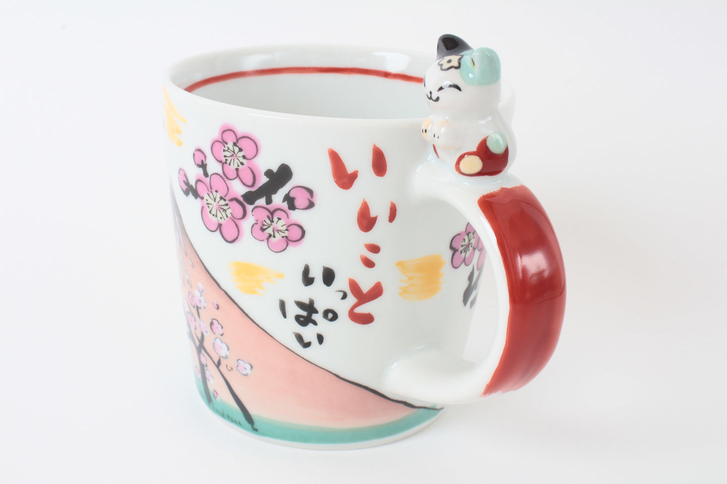 Mino Ware Japanese Ceramic Mug Cup Cat on the handle Mt.Fuji and Plum Flowers Katsushika Hokusai Made in Japan