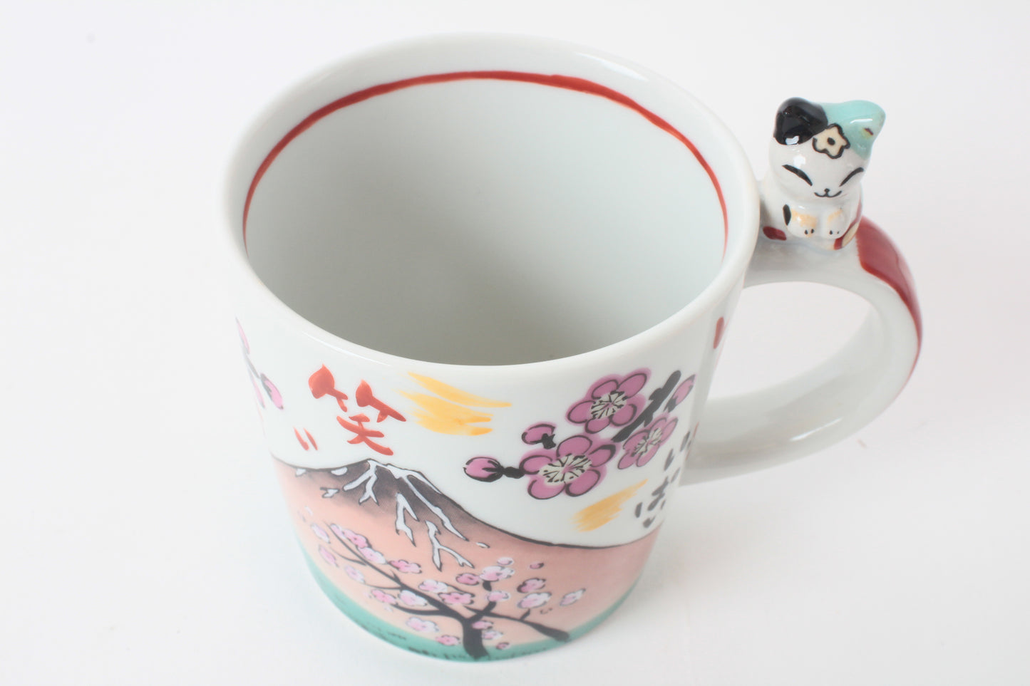 Mino Ware Japanese Ceramic Mug Cup Cat on the handle Mt.Fuji and Plum Flowers Katsushika Hokusai Made in Japan