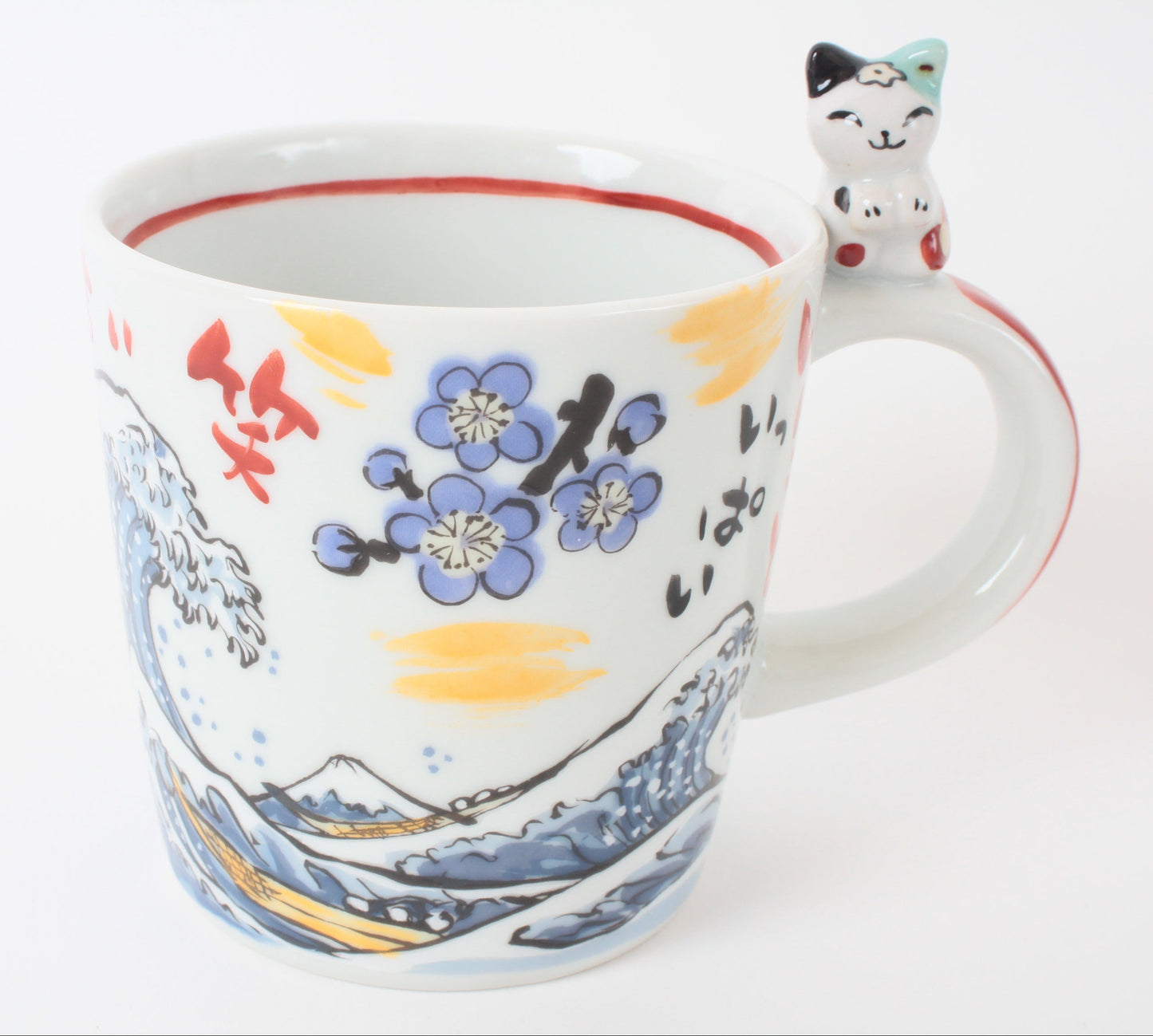 Mino Ware Japanese Ceramic Mug Cup Cat on the handle Blue Big Wave & Mt.Fuji and Plum Flowers Katsushika Hokusai Made in Japan