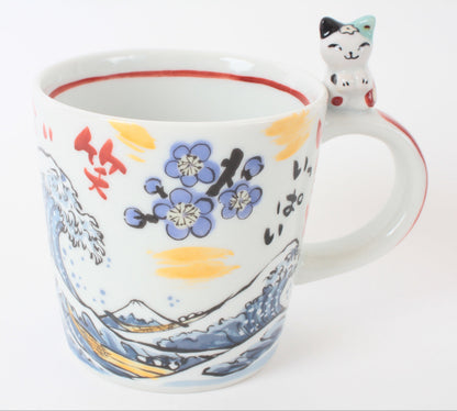 Mino Ware Japanese Ceramic Mug Cup Cat on the handle Blue Big Wave & Mt.Fuji and Plum Flowers Katsushika Hokusai Made in Japan