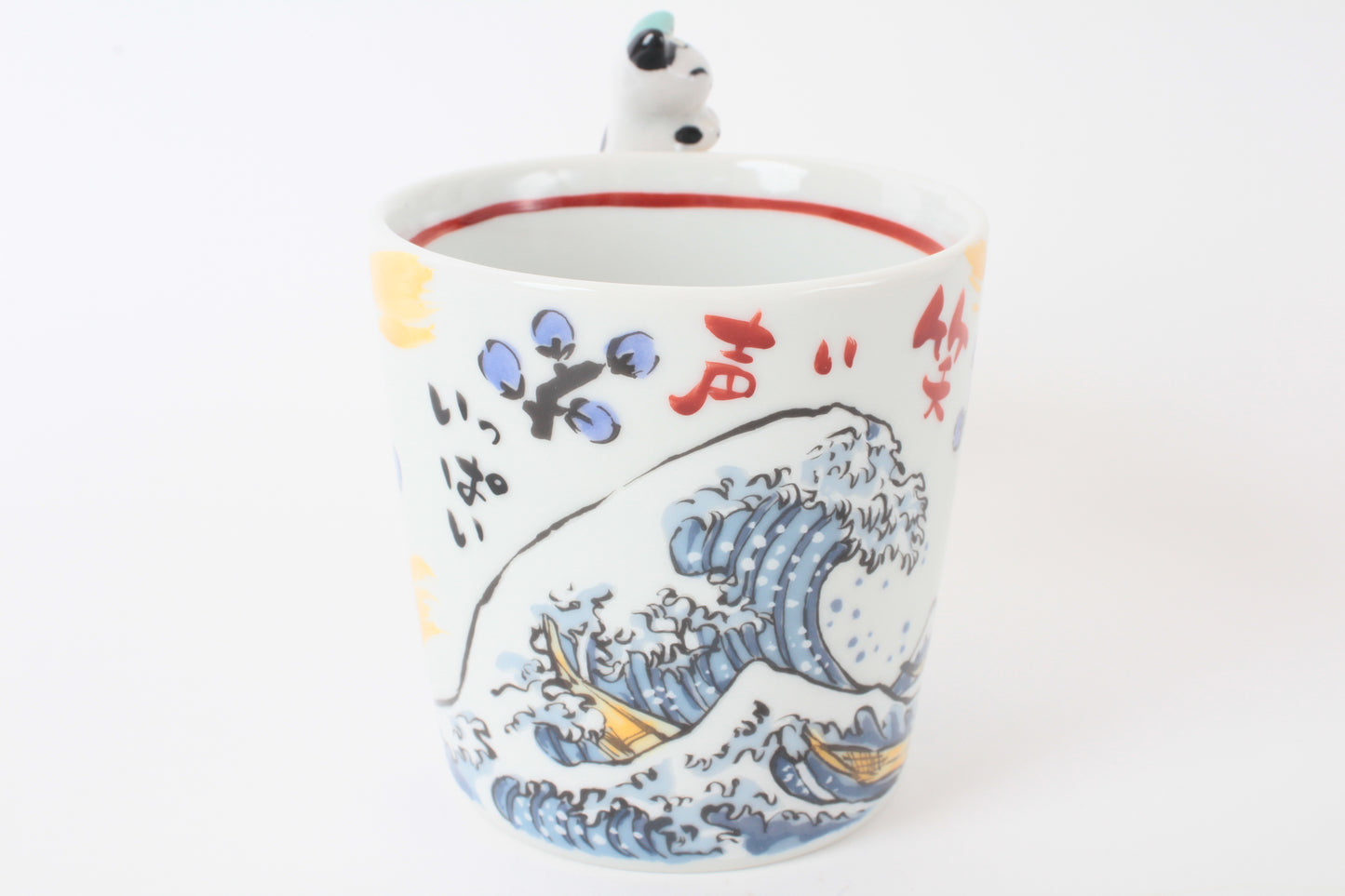 Mino Ware Japanese Ceramic Mug Cup Cat on the handle Blue Big Wave & Mt.Fuji and Plum Flowers Katsushika Hokusai Made in Japan