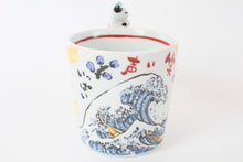 Mino Ware Japanese Ceramic Mug Cup Cat on the handle Blue Big Wave & Mt.Fuji and Plum Flowers Katsushika Hokusai Made in Japan