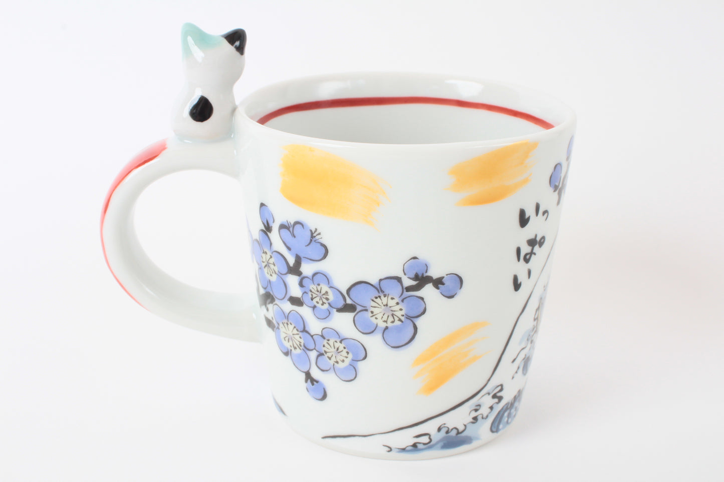 Mino Ware Japanese Ceramic Mug Cup Cat on the handle Blue Big Wave & Mt.Fuji and Plum Flowers Katsushika Hokusai Made in Japan