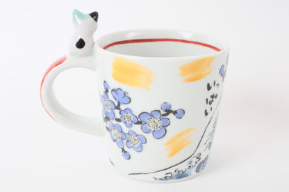Mino Ware Japanese Ceramic Mug Cup Cat on the handle Blue Big Wave & Mt.Fuji and Plum Flowers Katsushika Hokusai Made in Japan