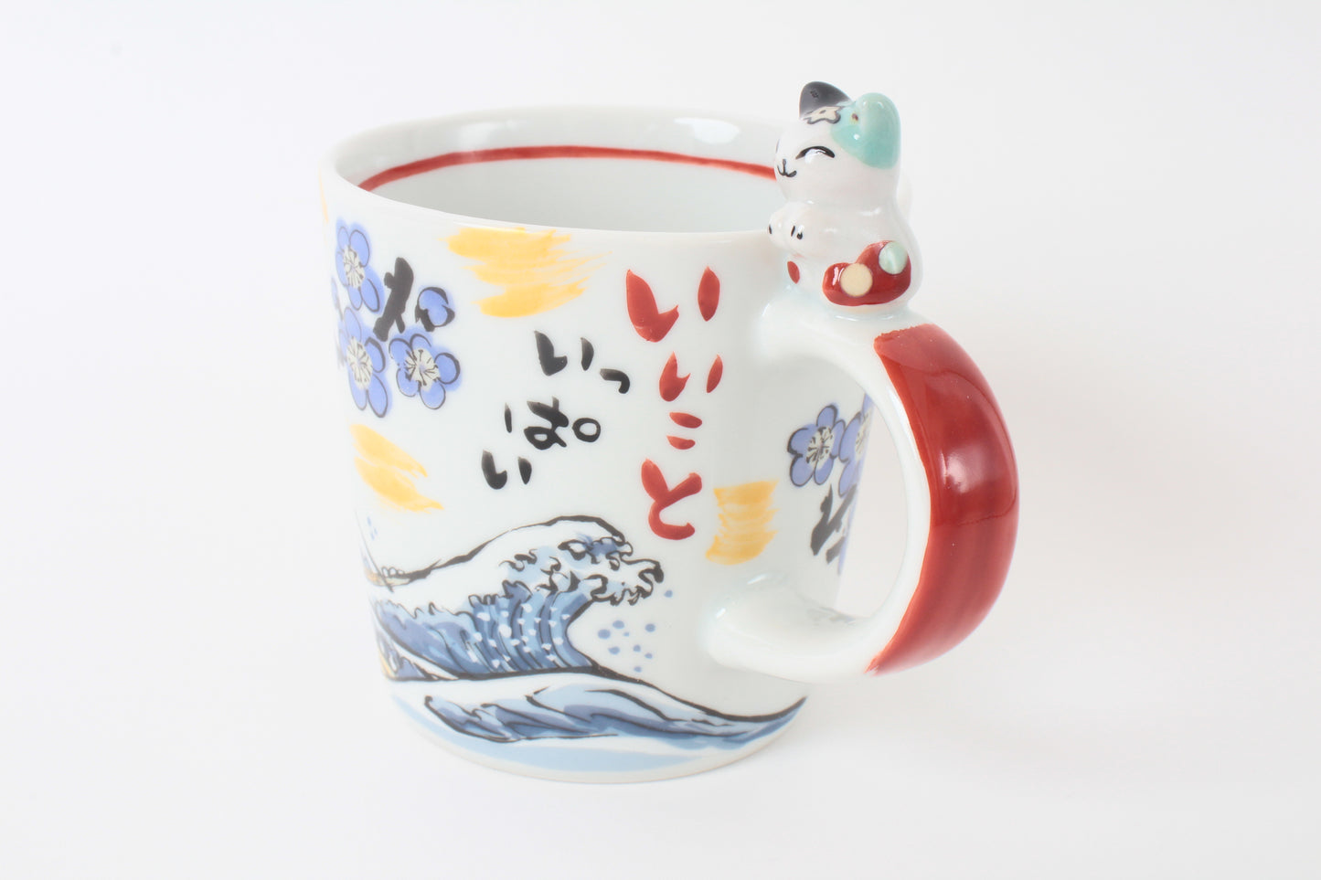 Mino Ware Japanese Ceramic Mug Cup Cat on the handle Blue Big Wave & Mt.Fuji and Plum Flowers Katsushika Hokusai Made in Japan