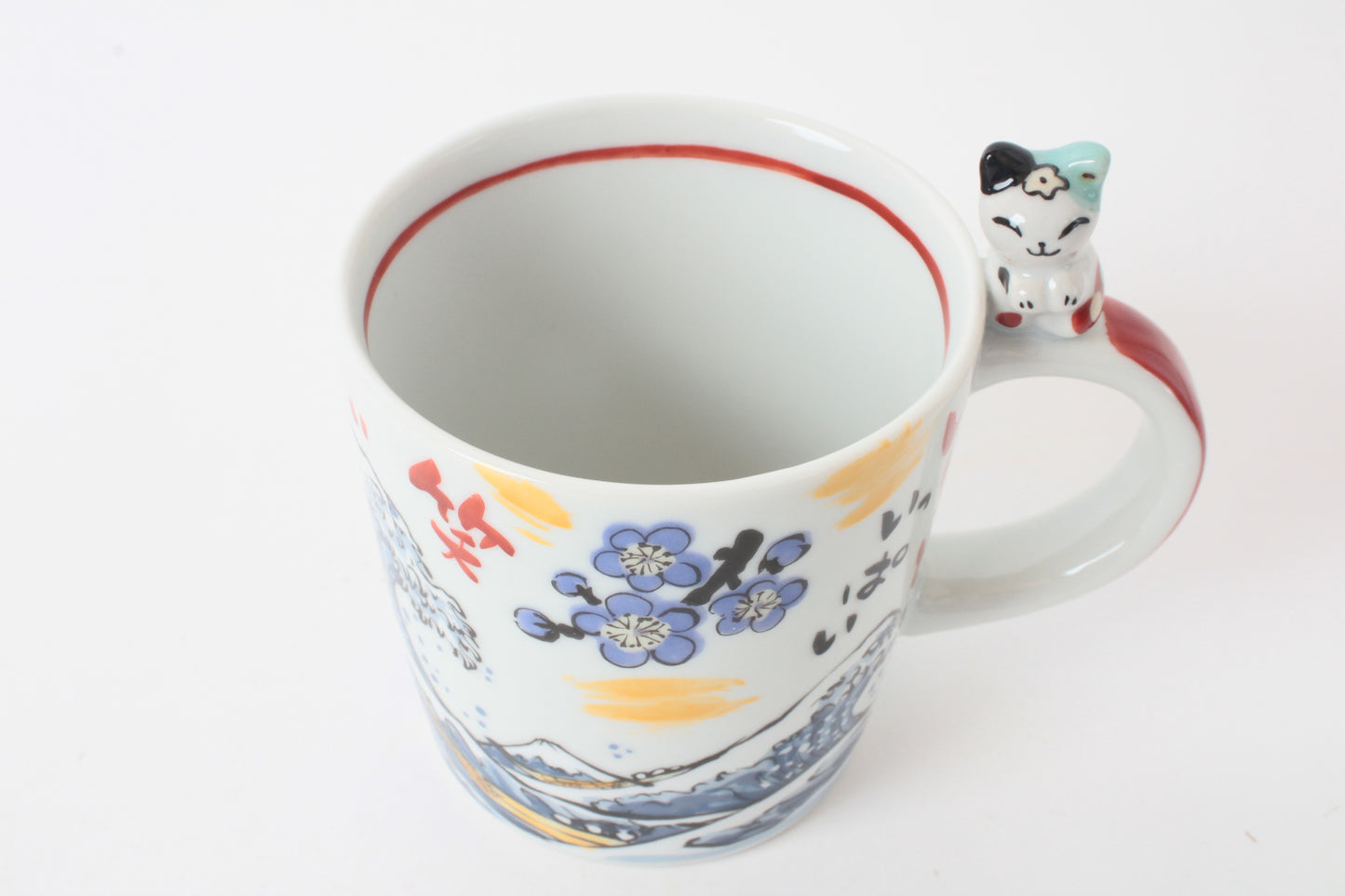 Mino Ware Japanese Ceramic Mug Cup Cat on the handle Blue Big Wave & Mt.Fuji and Plum Flowers Katsushika Hokusai Made in Japan