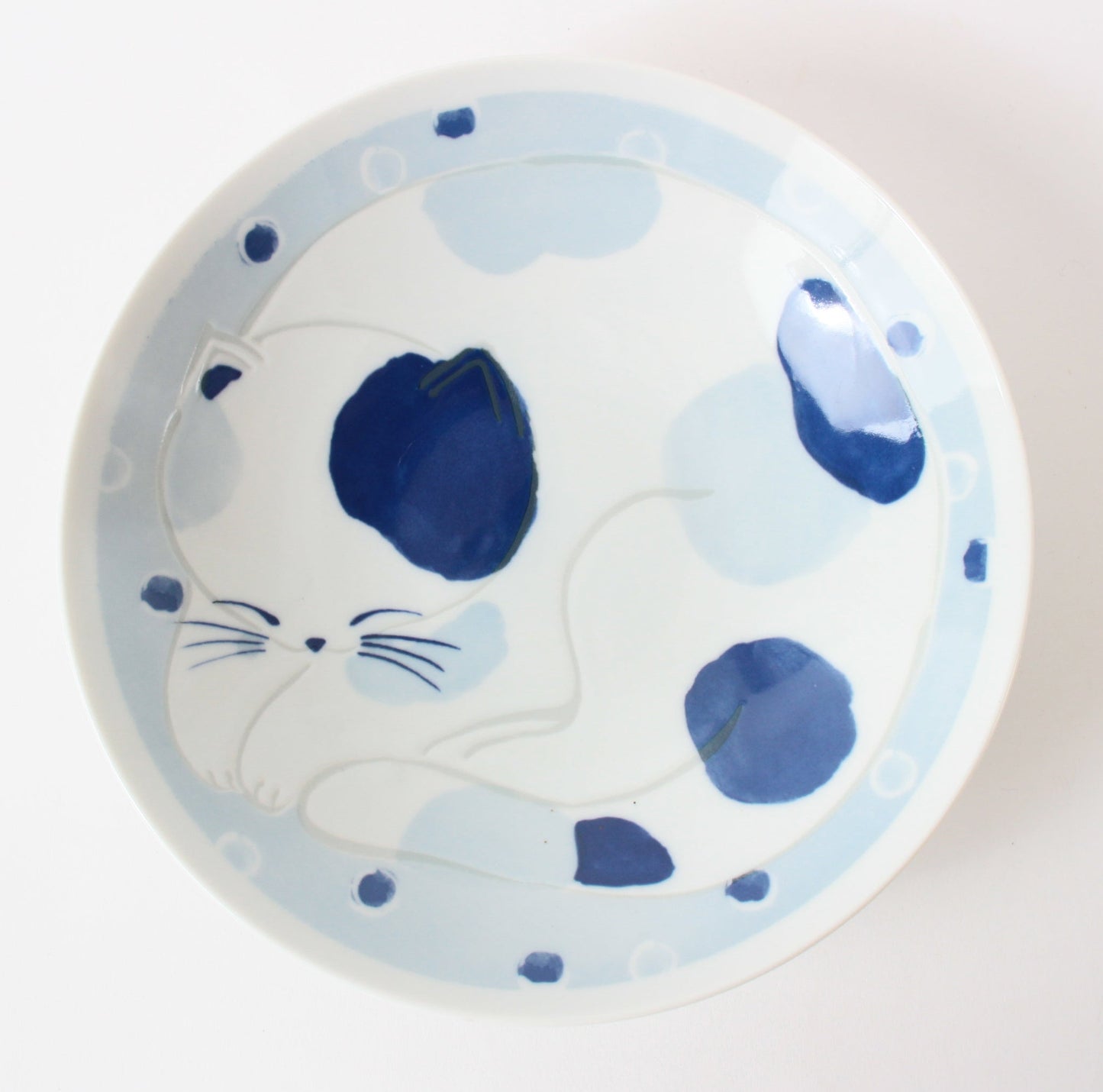 Mino ware Japanese Ceramics Large Round Plate Sleeping Cats Baby Blue Made in Japan