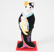 Yanakado Japanese Cat Statue in Kimono Calico holding a Red Tabby Black Kimono 4.5in Hand-Drawn made in Tokyo Japan
