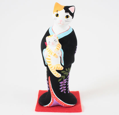 Yanakado Japanese Cat Statue in Kimono Calico holding a Red Tabby Black Kimono 4.5in Hand-Drawn made in Tokyo Japan
