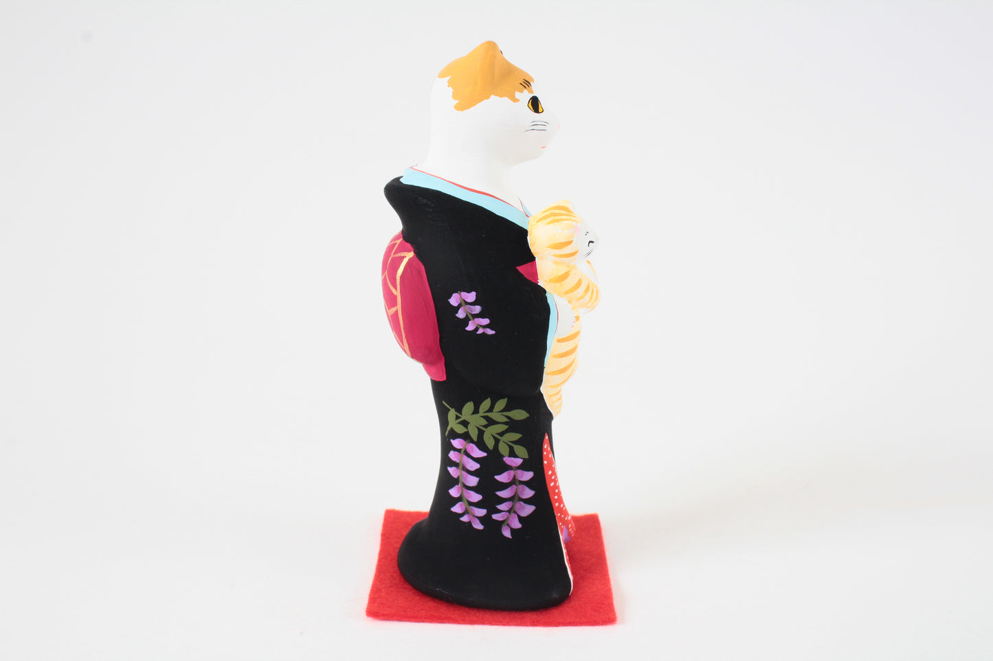 Yanakado Japanese Cat Statue in Kimono Calico holding a Red Tabby Black Kimono 4.5in Hand-Drawn made in Tokyo Japan