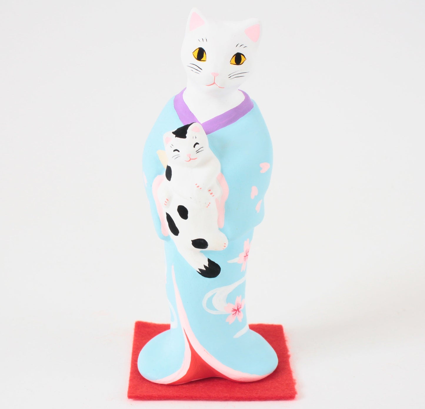 Yanakado Japanese Cat Statue in Kimono White Cat holding a Cow Cat Sky Blue Kimono 4.5in Hand-Drawn made in Tokyo Japan