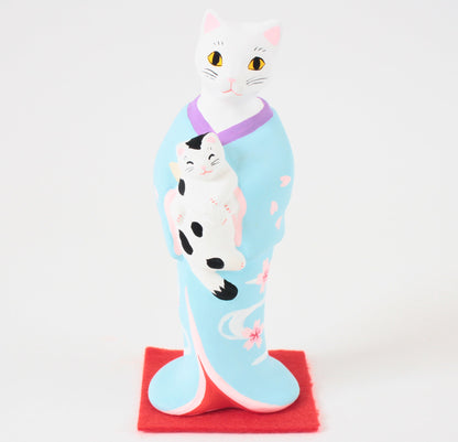 Yanakado Japanese Cat Statue in Kimono White Cat holding a Cow Cat Sky Blue Kimono 4.5in Hand-Drawn made in Tokyo Japan