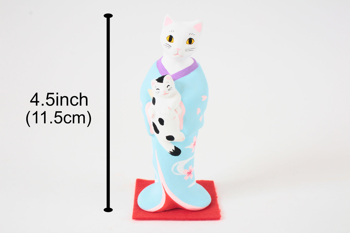 Yanakado Japanese Cat Statue in Kimono White Cat holding a Cow Cat Sky Blue Kimono 4.5in Hand-Drawn made in Tokyo Japan
