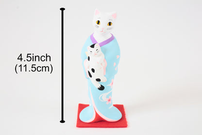 Yanakado Japanese Cat Statue in Kimono White Cat holding a Cow Cat Sky Blue Kimono 4.5in Hand-Drawn made in Tokyo Japan