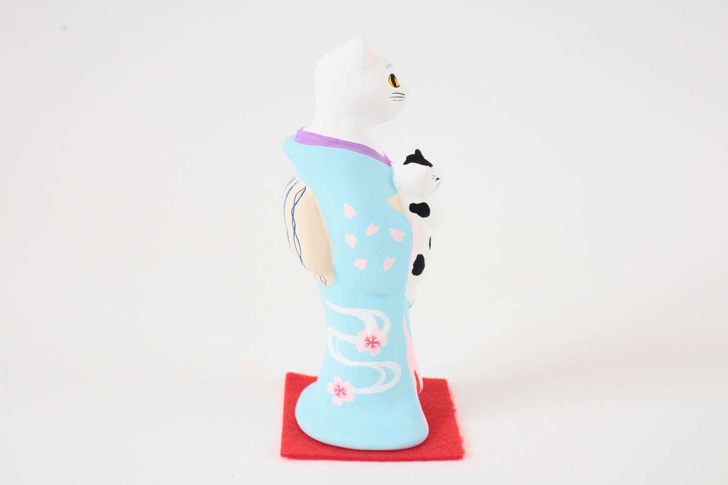 Yanakado Japanese Cat Statue in Kimono White Cat holding a Cow Cat Sky Blue Kimono 4.5in Hand-Drawn made in Tokyo Japan
