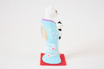 Yanakado Japanese Cat Statue in Kimono White Cat holding a Cow Cat Sky Blue Kimono 4.5in Hand-Drawn made in Tokyo Japan