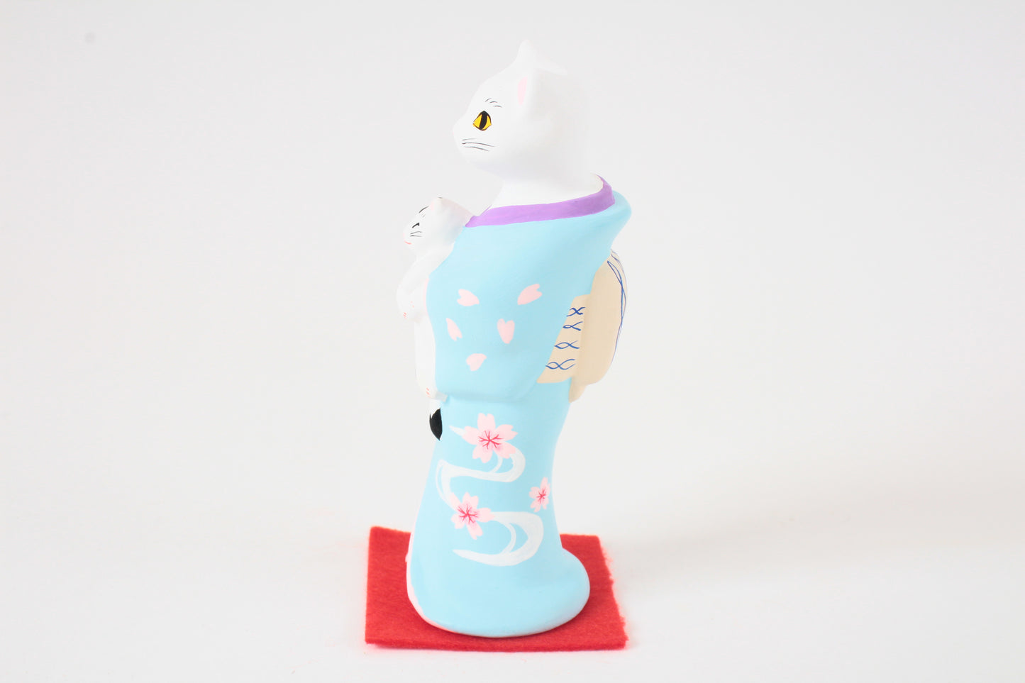 Yanakado Japanese Cat Statue in Kimono White Cat holding a Cow Cat Sky Blue Kimono 4.5in Hand-Drawn made in Tokyo Japan