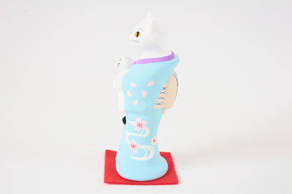 Yanakado Japanese Cat Statue in Kimono White Cat holding a Cow Cat Sky Blue Kimono 4.5in Hand-Drawn made in Tokyo Japan