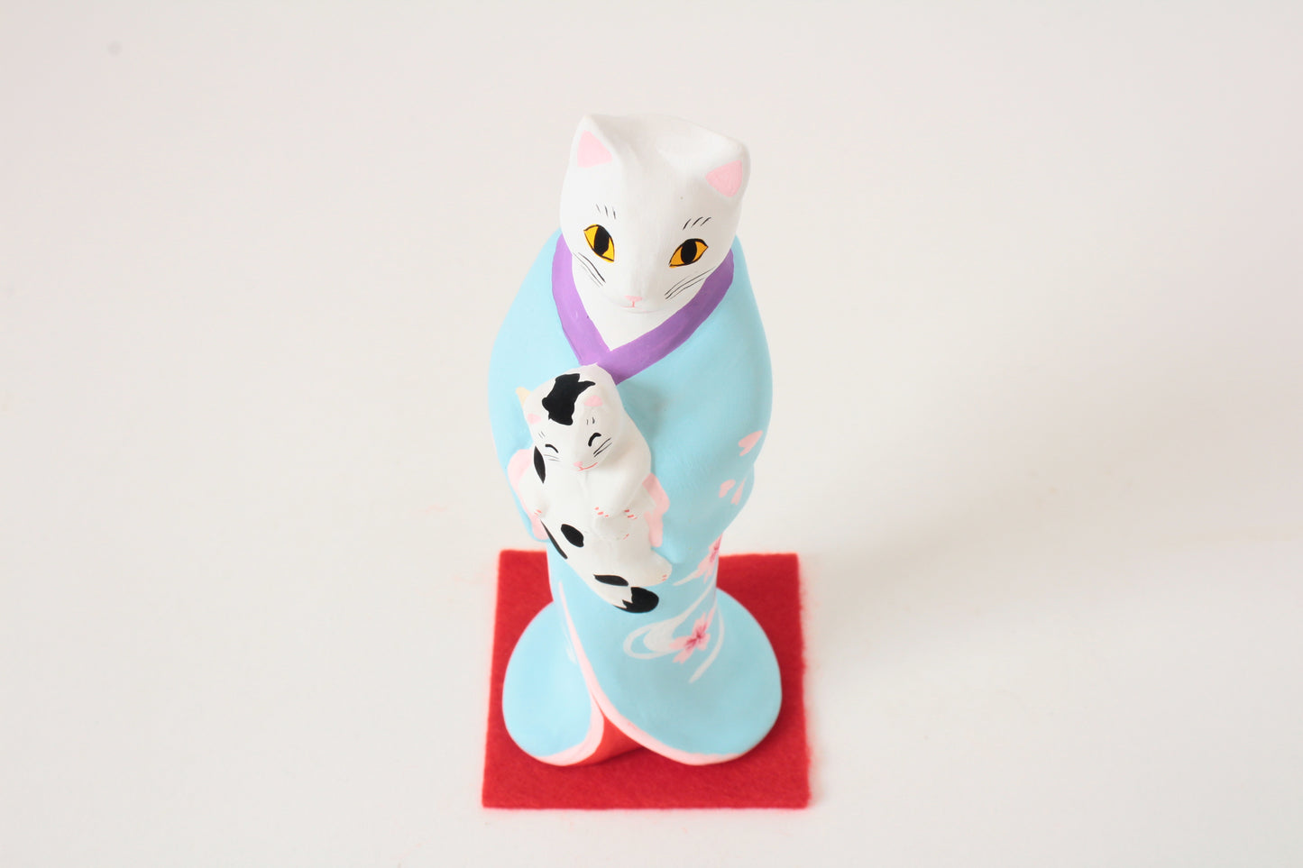 Yanakado Japanese Cat Statue in Kimono White Cat holding a Cow Cat Sky Blue Kimono 4.5in Hand-Drawn made in Tokyo Japan