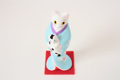 Yanakado Japanese Cat Statue in Kimono White Cat holding a Cow Cat Sky Blue Kimono 4.5in Hand-Drawn made in Tokyo Japan