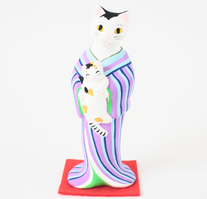 Yanakado Japanese Cat Statue in Kimono Cow Cat holding a Calico Purple Stripe Kimono 4.5in Hand-Drawn made in Tokyo Japan