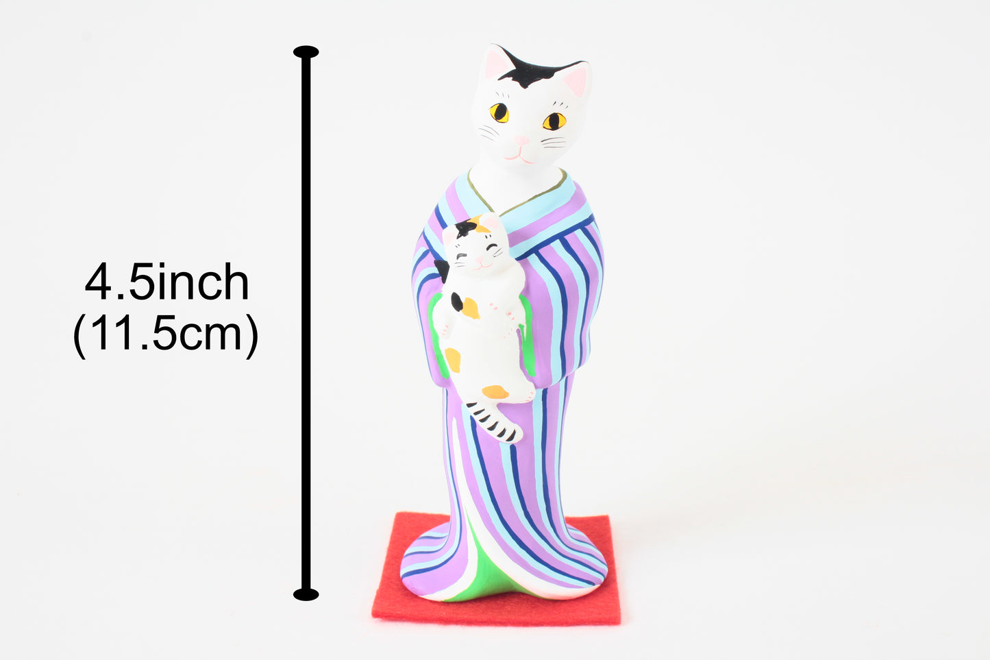 Yanakado Japanese Cat Statue in Kimono Cow Cat holding a Calico Purple Stripe Kimono 4.5in Hand-Drawn made in Tokyo Japan